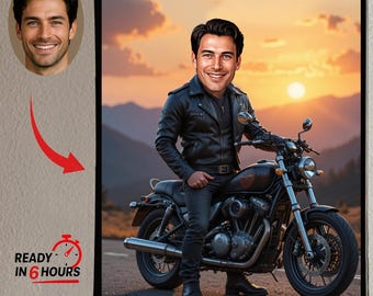 Custom Biker Caricature Portrait: Personalized Motorcycle Cartoon (Digital Download)