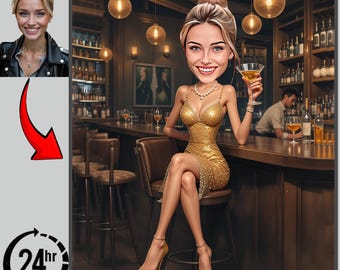 Custom Caricature Portrait | Glam Bar Scene Illustration (Digital Download)