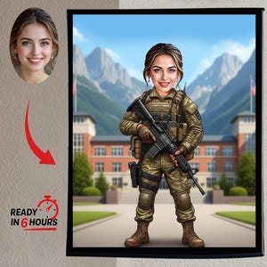 以下が含まれることがあります： 軍服姿でライフルを構えた人物の額装されたデジタル肖像画。背景には建物と山々が描かれています。画像には小さな肖像画と「READY IN 6 HOURS」というテキストが含まれています。