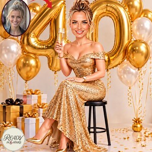 Könnte beinhalten: Eine Person in einem goldfarbenen Paillettenkleid mit schulterfreiem Ausschnitt und goldenen High Heels sitzt auf einem schwarzen Hocker und hält ein Champagnerglas. Große goldene 40-Ballons, weitere Ballons und Geschenke umgeben die Person.