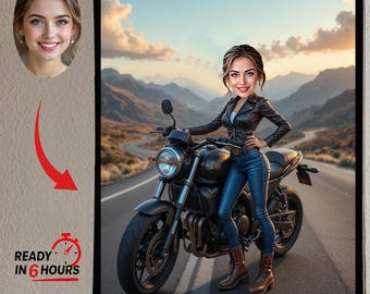 Custom Biker Caricature Portrait: Personalized Motorcycle Cartoon (Digital Download)