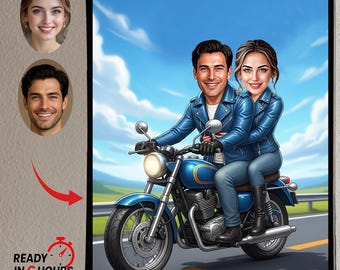 Custom Motorcycle Couple Caricature | Personalized Biker Portrait (Digital Download A4 Size)
