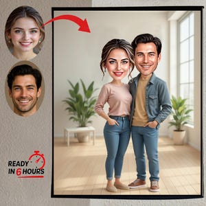 以下が含まれることがあります： ピンクのトップスとジーンズの女性、デニムシャツとジーンズの男性の、額装されたカップルの似顔絵。 画像には2つの小さなポートレートと「READY IN 6 HOURS」というテキストが含まれています。
