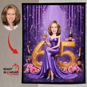 Könnte beinhalten: Digitales Porträt einer Frau in einem lila Kleid, die ein Weinglas hält und neben einer großen goldenen Zahl 65 sitzt. Der Hintergrund zeigt lila Vorhänge, Champagnerflaschen und rosa Rosen. Das Bild enthält ein Foto der Frau und den Text "READY IN 6 HOURS."