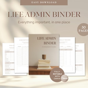 Puede incluir: Un conjunto de plantillas digitales Life Admin Binder de 30 páginas, que incluye una hoja de información del vehículo, un rastreador de suscripciones y un rastreador de facturas. La portada muestra el texto Life Admin Binder, Everything important, in one place.