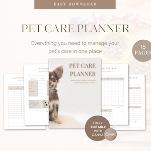Può includere: Un pianificatore digitale per la cura degli animali domestici di 15 pagine, con un cucciolo marrone e bianco sulla copertina. Il documento include sezioni per i vaccini, i profili degli animali e il monitoraggio. Completamente modificabile con Canva.