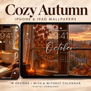 May include: A smartphone and a tablet displaying digital wallpapers with autumn themes. The screens show a cosy scene with a coffee mug, a candle, and a window view of fall foliage. Text on the image reads Cozy Autumn, iPhone & iPad Wallpapers.