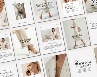May include: A collection of promotional fashion advertisements. The ads feature images of women in stylish cream-colored outfits, including suits and dresses. Text includes "Exclusive Fashion Promotion," "Bestseller," and "Coming Soon."