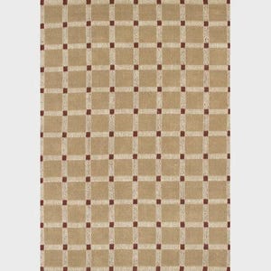 May include: A textile fabric featuring a repeating grid pattern. The design consists of tan square blocks separated by thin, vertical and horizontal white lines, with small, dark brown squares positioned at each intersection of the grid lines.