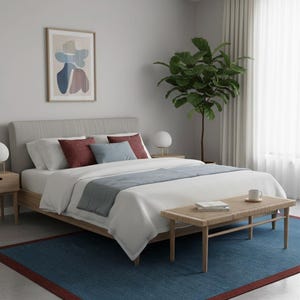 Puede incluir: Interior de dormitorio con una cama con ropa de cama blanca, cojines decorativos y un camino de cama azul. Un banco tejido se encuentra al pie de la cama. Una alfombra azul con borde rojo y una obra de arte abstracta enmarcada.