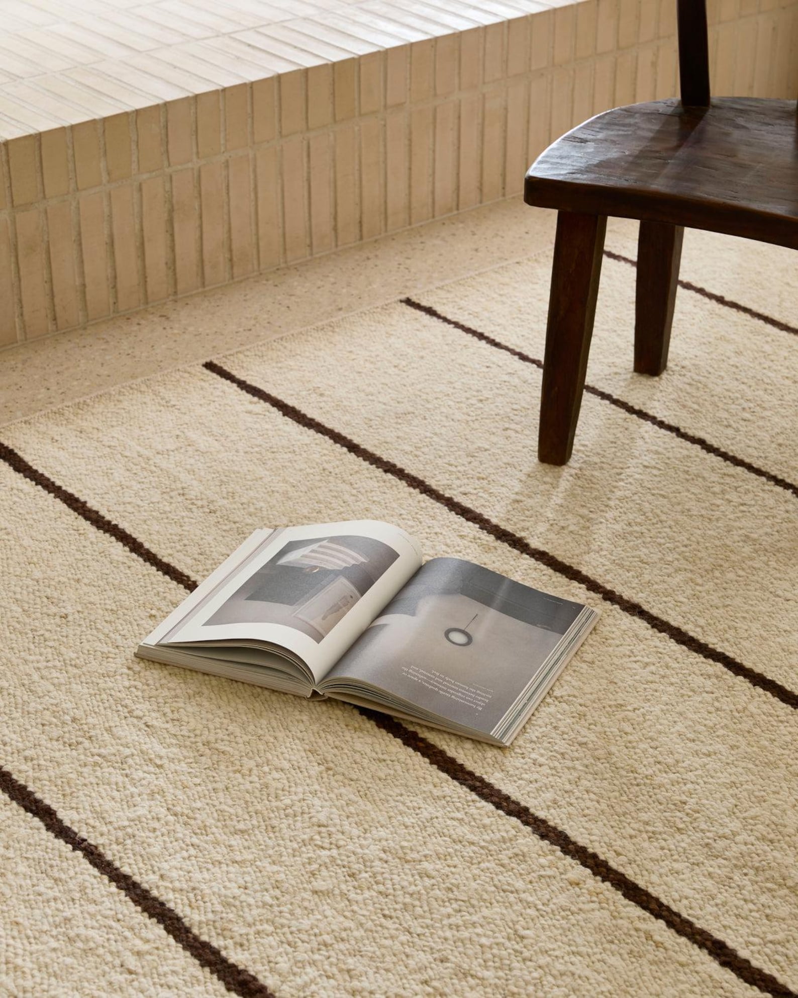 Japandi flatweave wool rug oat base horizontal linear stripe minimalist neutral living room