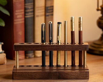 Walnut Wood Pen Holder with Brass Accents, Desk Organizer
