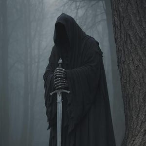 Può includere: Una figura in un mantello nero con cappuccio tiene una spada d'argento in una foresta nebbiosa. Le mani scheletriche afferrano l'elsa della spada. La scena evoca mistero e fantasia, con un grande albero sullo sfondo.