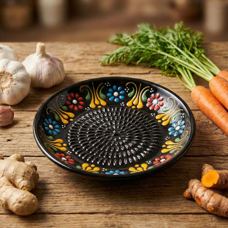 Decorative handmade ceramic garlic grater with vibrant colors