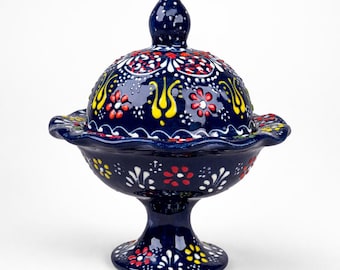 Ręcznie robiona turecka ceramiczna cukierniczka z pokrywką, dekoracyjna misa na cukierki, bombonierka, prezent do kuchni