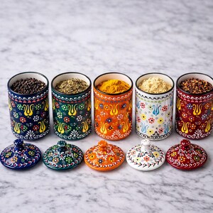 Könnte beinhalten: Sechs keramische Gewürzdosen mit Deckeln, gefüllt mit verschiedenen Gewürzen. Die zylindrischen Dosen haben schwarze Ränder und sind mit einem farbenfrohen Blumenmuster verziert. Die runden Deckel passen zum Blumenmuster der Dosen. Auf einer Marmoroberfläche.