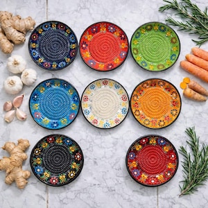 Könnte beinhalten: Neun farbenfrohe Keramik-Reibeteller mit floralen Designs. Die Teller sind in verschiedenen Farben erhältlich, darunter Blau, Rot, Grün und Orange. Frischer Ingwer, Knoblauch, Karotten und Rosmarinzweige sind um die Teller angeordnet.