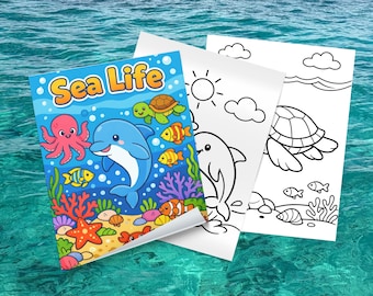 Sea Life-kleurboek voor kinderen | Kleurplaten oceaandieren | Schattige dolfijn, schildpad en walvis | Afdrukbare pdf-kleurboek