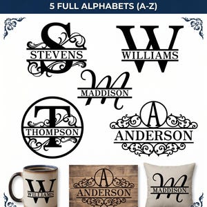 Può includere: Un pacchetto digitale con design di monogrammi divisi, inclusi cinque alfabeti completi (A-Z). L'immagine mostra esempi su una tazza, un cartello di legno e un cuscino, con nomi come Stevens, Williams, Maddison, Thompson e Anderson. Il testo recita "FILE DIGITALI: SVG • PNG • DXF".