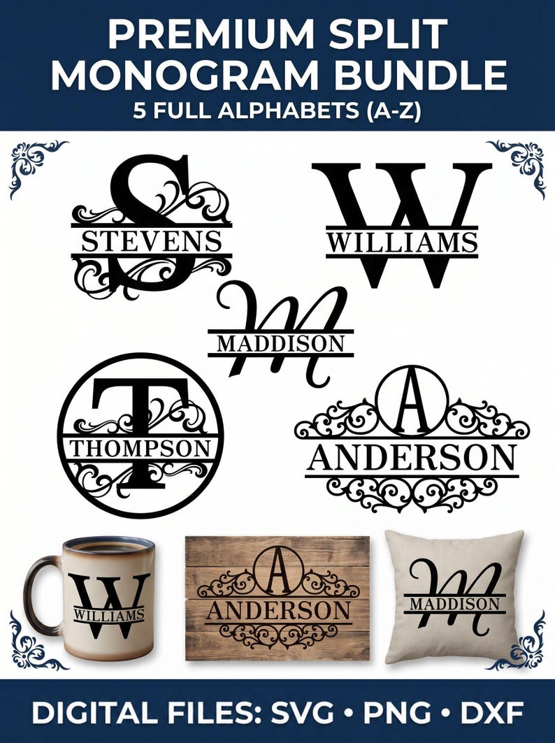 Split Monogram SVG Bundle for Cricut, Alphabet Split Letters PNG DXF ...