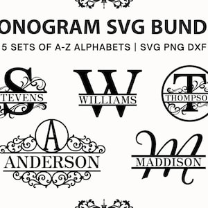 Puede incluir: Paquete SVG en blanco y negro con cinco diseños de monogramas. Cada diseño presenta una letra del alfabeto con un apellido debajo. El texto "MONOGRAM SVG BUNDLE" está en la parte superior de la imagen.