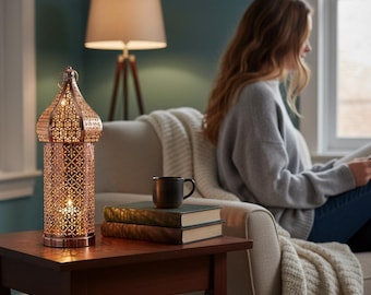 Farol de hierro marroquí LED color oro rosa - Lámpara de ambiente con diseño calado y acabado en cobre - Luz decorativa de viento a pilas - 3 tamaños