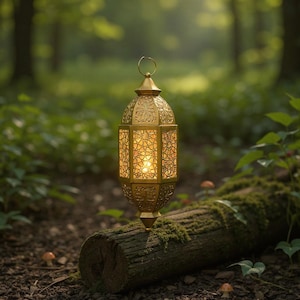 Può includere: Una lanterna dorata e ornata con intricati motivi traforati e una calda luce brillante all'interno. La lanterna è posta su un tronco coperto di muschio in un ambiente forestale, con uno sfondo verde sfocato.