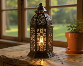 Moroccan Lantern | Candle Holder | Boho Home Decor | Outdoor Patio Lighting | Ethnic Arabic Table Centerpiece Tea Light Lantern