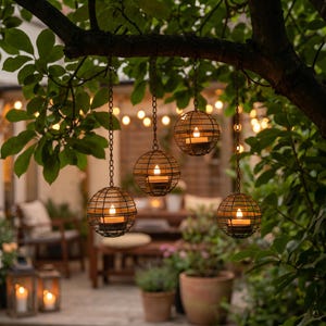 May include: Four spherical metal lanterns with lit candles suspended from a tree branch. The lanterns have a cage design and hang by chains. The background shows a patio with string lights and outdoor furniture.