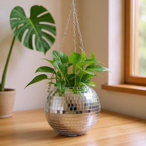 May include: A hanging disco ball planter filled with green leafy plants. The spherical planter is covered in small, reflective mirrored tiles and suspended by a silver chain. A large green leaf is visible in the background.
