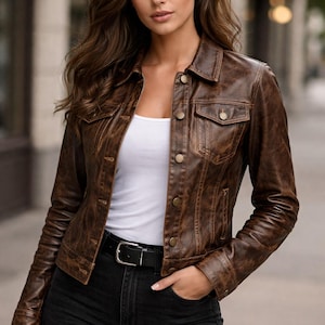 Distressed Brown Leather Trucker Jacket – Handmade Moto Biker Outerwear