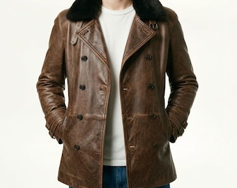 Cappotto invernale da uomo Leon Kennedy in pelle marrone effetto invecchiato / Cappotto invernale RE9 con collo in montone nero