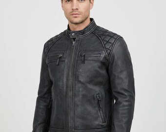 Men's Distressed Washed Leather Biker Jacket – Vintage Moto Slim Fit Streetwear Coat