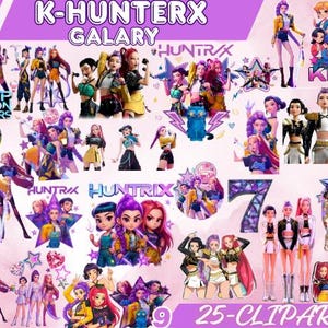 Puede incluir: Un conjunto de 25 imágenes prediseñadas digitales que presentan ilustraciones estilizadas de ídolos y personajes de K-Pop. Las imágenes incluyen varias poses y atuendos, con texto que dice "K-HUNTERX GALAXY", "HUNTRIX" y "KPOP DEMON HUNTERS".
