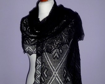 Black lace shawl. Greta Garbo haapsalu pattern, hand knitted estonian stole with nupps./REDY TO SHIP/