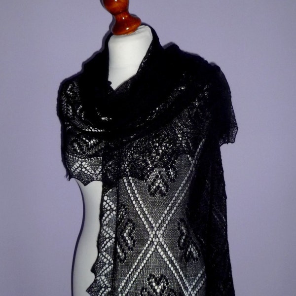 Black lace shawl. Greta Garbo haapsalu pattern, hand knitted estonian stole with nupps./REDY TO SHIP/