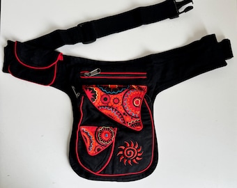 Handmade Nepal Cotton Fanny Pack, Spiral Sun Embroidery, Crossbody Hip Bag