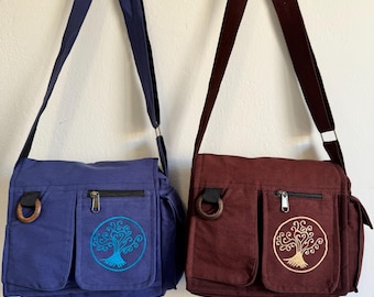 Handwoven Cotton Crossbody Bag: Life Tree Embroidery, Boho Ethnic Style, Adjustable Strap