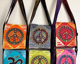 Handmade Cotton Crossbody Bag, Peace Symbol, Tie Dye, Nepal Boho Sling Bag