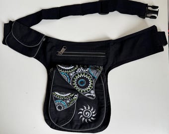 Handmade Nepal Cotton Fanny Pack, Spiral Sun Embroidery, Crossbody Hip Bag