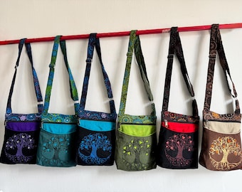Handmade Cotton Tree of Life Bag, Boho Hippie Shoulder Crossbody, Nepal Crafted Essentials Bag