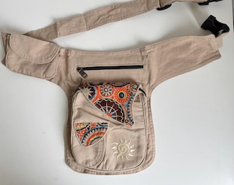 Handmade Nepal Cotton Fanny Pack, Spiral Sun Embroidery, Crossbody Hip Bag