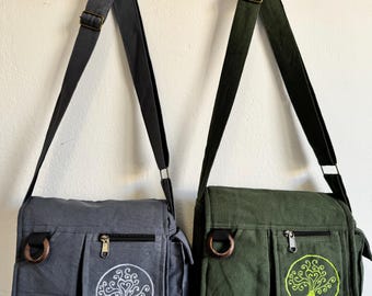 Handwoven Cotton Crossbody Bag: Life Tree Embroidery, Boho Ethnic Style, Adjustable Strap