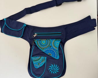 Handmade Nepal Cotton Fanny Pack, Spiral Sun Embroidery, Crossbody Hip Bag