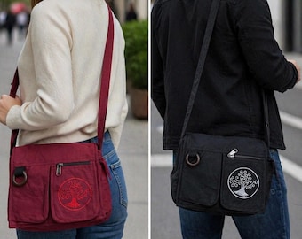 Handwoven Cotton Crossbody Bag: Life of Tree Embroidery, Boho Ethnic Style, Adjustable Strap
