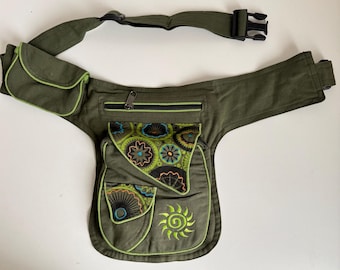 Handmade Nepal Cotton Fanny Pack, Spiral Sun Embroidery, Crossbody Hip Bag