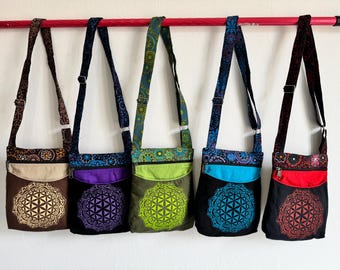 Handmade Cotton Flower of Life Crossbody Bag, Boho Hippie Shoulder Bag, Nepal Crafted