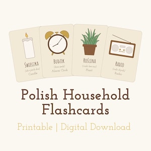 Könnte beinhalten: Polnische Haushalts-Lernkarten mit Abbildungen einer Kerze, eines Weckers, einer Pflanze und eines Radios. Die Karten enthalten polnische Wörter mit phonetischer Aussprache und englischen Übersetzungen. Der Text "Polish Household Flashcards" ist zu sehen.