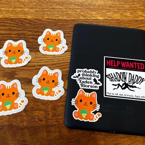 May include: A collection of orange cat stickers with green accents and a black e-reader with stickers. The e-reader has stickers that read "Help Wanted Shadow Daddy" and "probably thinking about Xaden Riorson."
