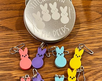 Bunny Stitch Marker Set – Lightweight 3D Printed “Stitching With My Peeps” Tin for Knitters & Crocheters, Free US Shipping